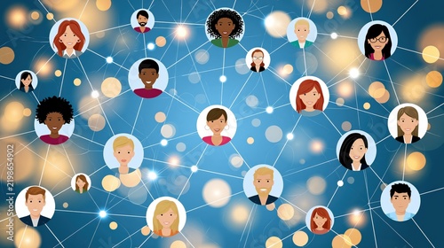 Diverse group of people connected in a digital network.