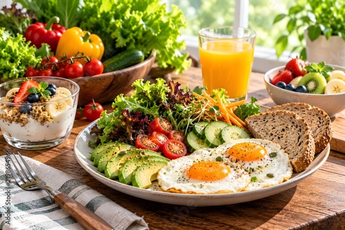 Healthy breakfast with eggs avocado salad bread and fresh fruit