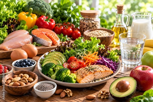 Healthy salmon bowl with fresh vegetables and avocado