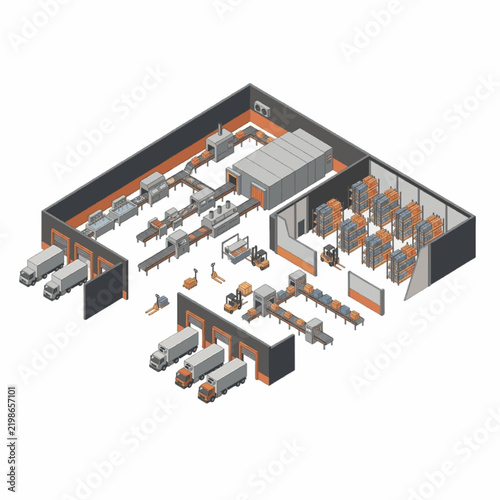 Isometric illustration of modern industrial machinery in a factory setting.