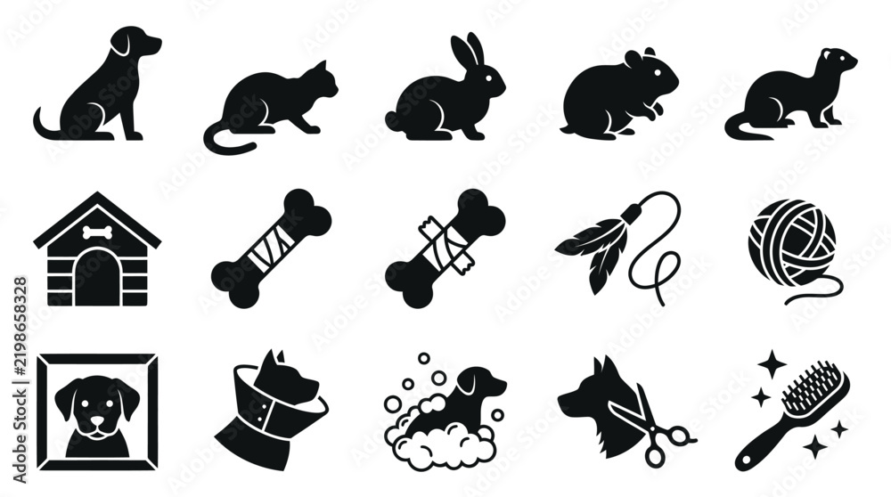 Obraz premium Minimalist black pet care and animal silhouette icon set.