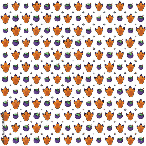 Seamless pattern with cute cartoon orange fox faces and purple witch cauldrons.