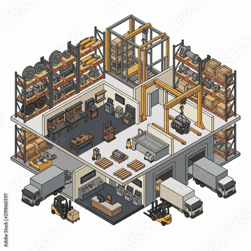 Isometric illustration of a modern industrial factory floor layout.