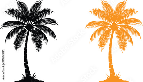 Black and orange palm tree silhouettes set isolated on a white background