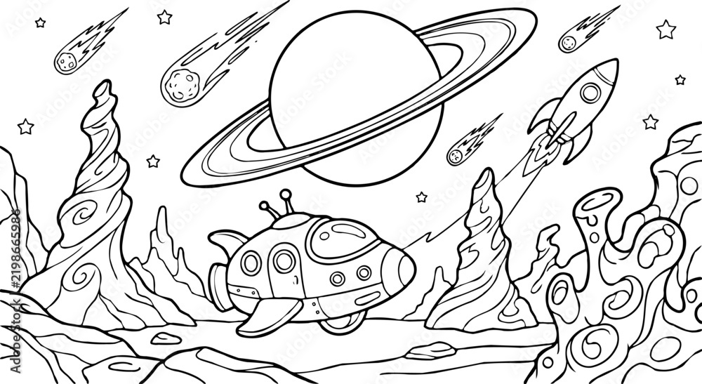 Obraz premium Cartoon alien planet landscape with spaceship, rocket, ringed planet, and meteors, line art illustration