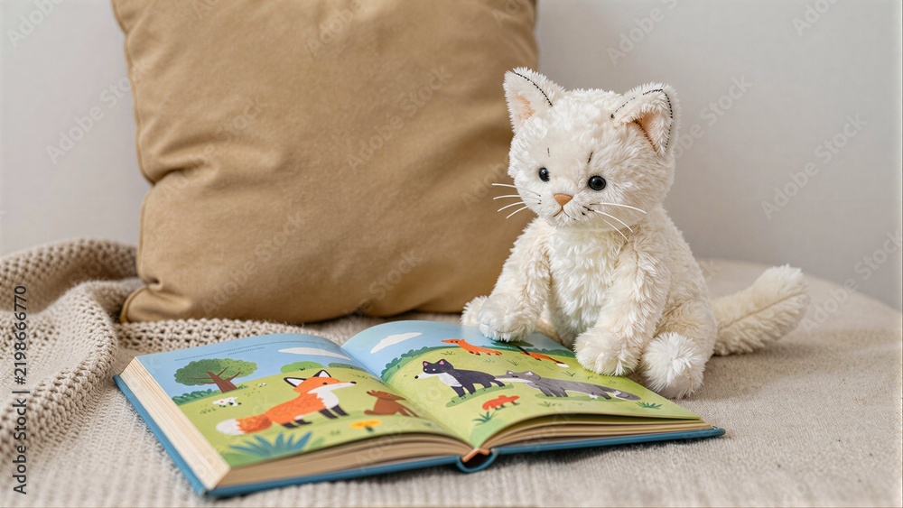 Obraz premium Soft white cat plush sits beside colorful children's book on cozy bed.
