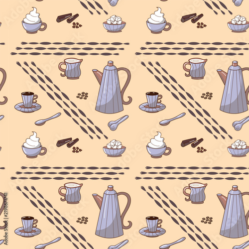 Seamless pattern with coffee item set, a coffeepot, cups with coffee, a sugar basin , sugar tongs, a tea spoon, milk jug, coffee beans, cloves, cinnamon sticks and some decorative elements