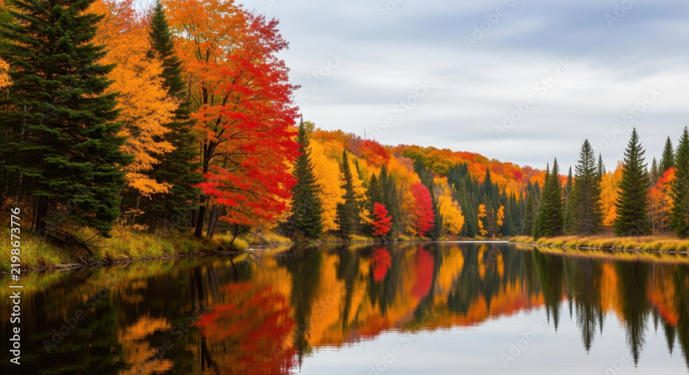 Obraz premium Autumnal forest with colorful trees reflected on a calm river.