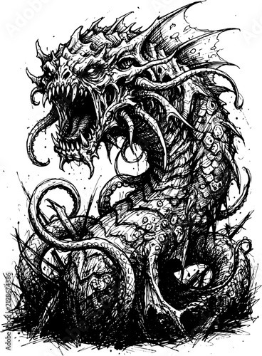 Картината върху платно leviathan black and white dragon tattoo design