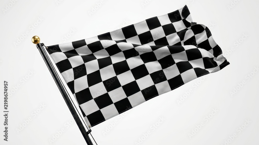Obraz premium Waving Checkered Racing Flag on Pole Isolated on White Background - Symbol of Victory and Finish Line in Motorsports