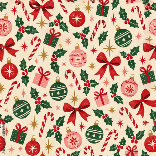 Retro Christmas Ornaments and Candy Cane Seamless Pattern