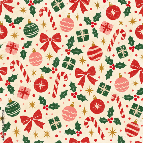 Retro Christmas Ornaments and Candy Cane Seamless Pattern