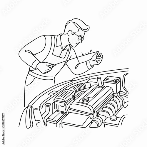 Car Mechanic Checking Engine Oil with Dipstick in Automotive Workshop for Maintenance Service Vector Illustration