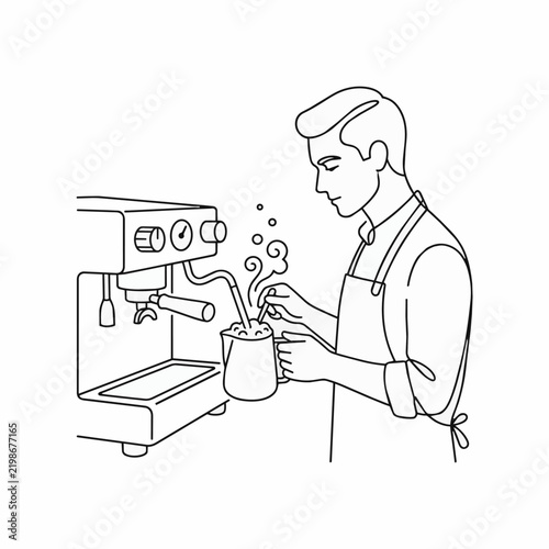 Minimalist Continuous Line Drawing of Barista Preparing Coffee with Espresso Machine for Café Concept