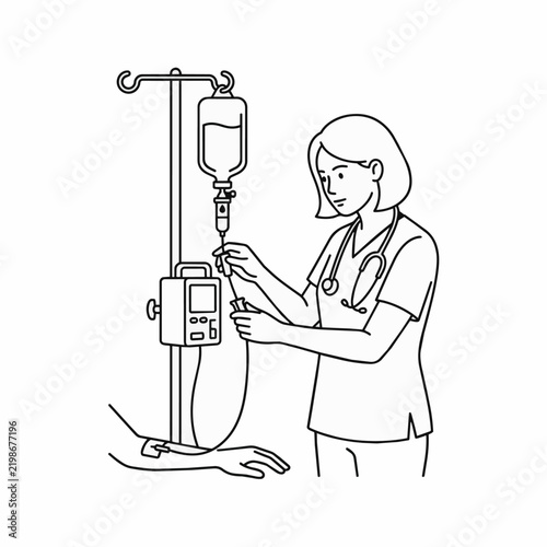 Female Nurse Adjusting IV Drip Infusion Bag in Hospital Room with Patient Arm in Medical Line Graphic Vector Illustration Style