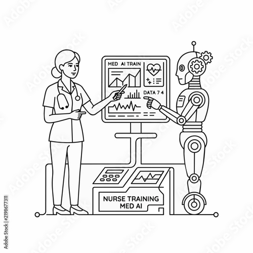 Nurse and Robot AI Medical Training Concept Line Art Illustration for Healthcare Technology