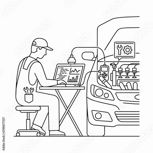 Car mechanic using laptop for electronic vehicle engine diagnostic and troubleshooting in auto repair shop service center outline vector illustration