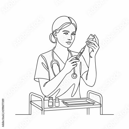 Female Nurse Preparing Injection with Syringe and Medication Vial in Minimalist Line Art Style Illustration