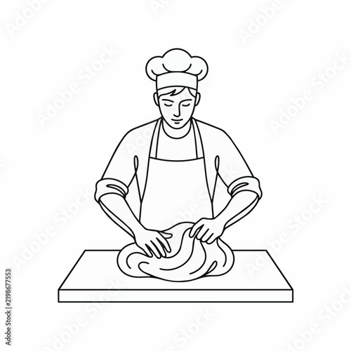 Male Baker Kneading Bread Dough in Outline Vector Illustration for Culinary Concepts and Bakery Branding Designs