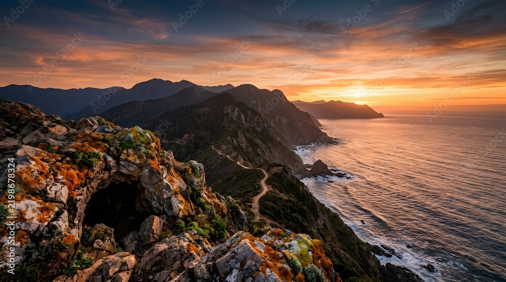 Fototapeta premium Breathtaking Coastal Sunset Over Majestic Cliffs and Mountain Range with Ocean Waves and Hiking Trail