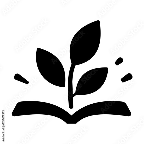 Minimalist Black Glyph Icon Featuring a Growing Plant Sprouting from an Open Book Symbolizing Knowledge and Personal Growth