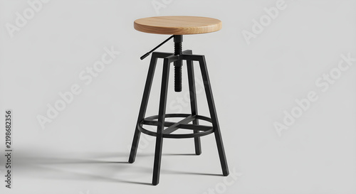 Modern Adjustable Industrial Bar Stool with Round Wooden Seat and Matte Black Metal Frame for Contemporary Home Kitchen Furniture Interior Design