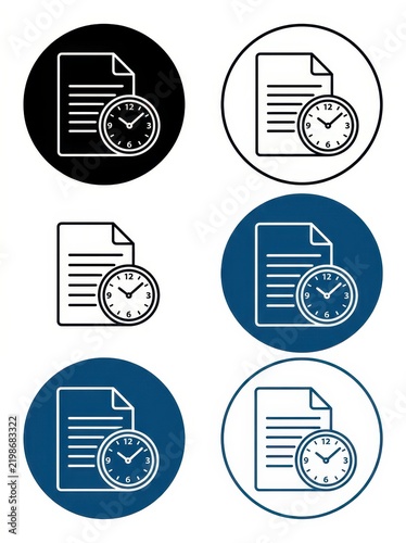 Document with Clock Icon Set for Time Management, Deadlines, and History Tracking in Various Styles and Colors