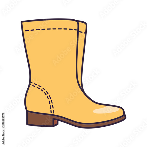 Yellow Rain Boot Footwear Piece Featuring Stitching Detail and Brown Sole for Wet Weather Protection and Outdoor Gardening Fashion Concepts in Cartoon Drawing Style Art