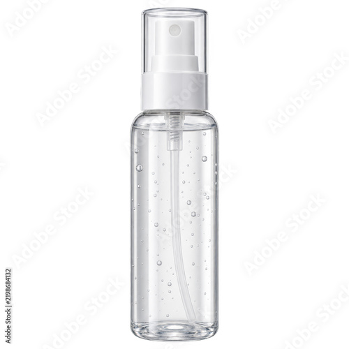  clear plastic spray bottle with a white pump and transparent cap, containing a liquid with small suspended bubbles.