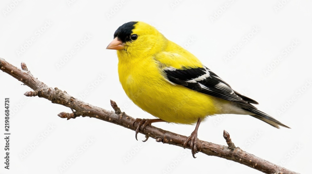 Obraz premium Vibrant Male American Goldfinch Perched on a Tree Branch Isolated on White Background