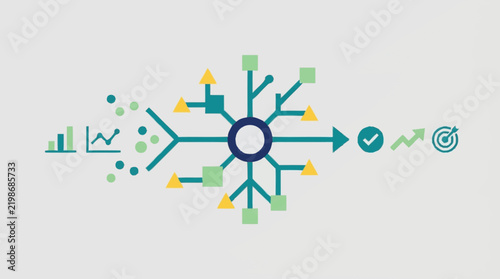 Modern Business Process Flowchart With Central Hub And Data Icons.