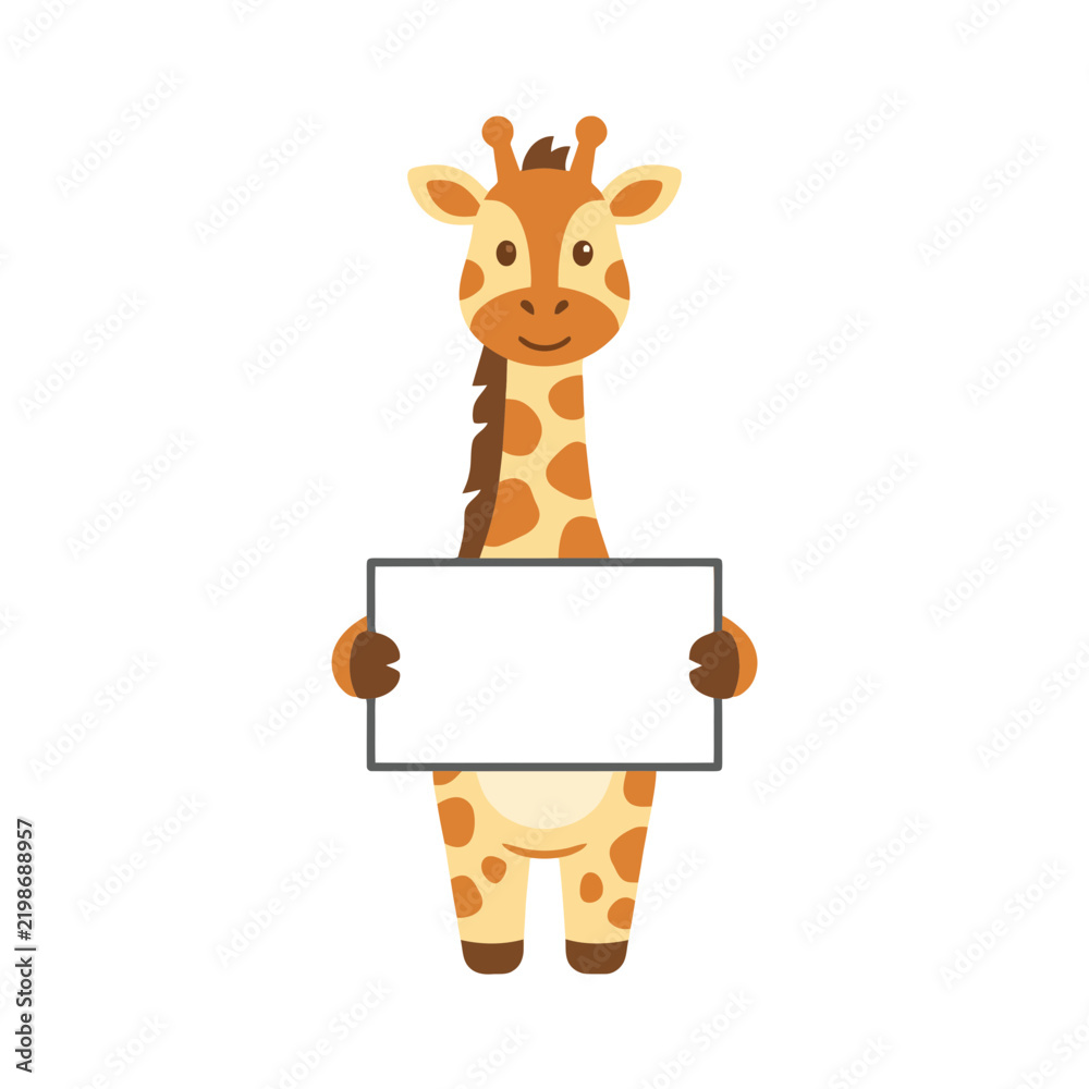 Obraz premium A cute cartoon giraffe holding a blank white sign for text