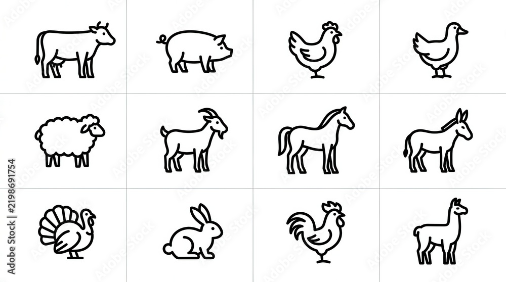 Fototapeta premium Set of Minimalist Farm Animal Line Icons Featuring Cow Pig Chicken Horse Sheep Goat and More for Agricultural Design