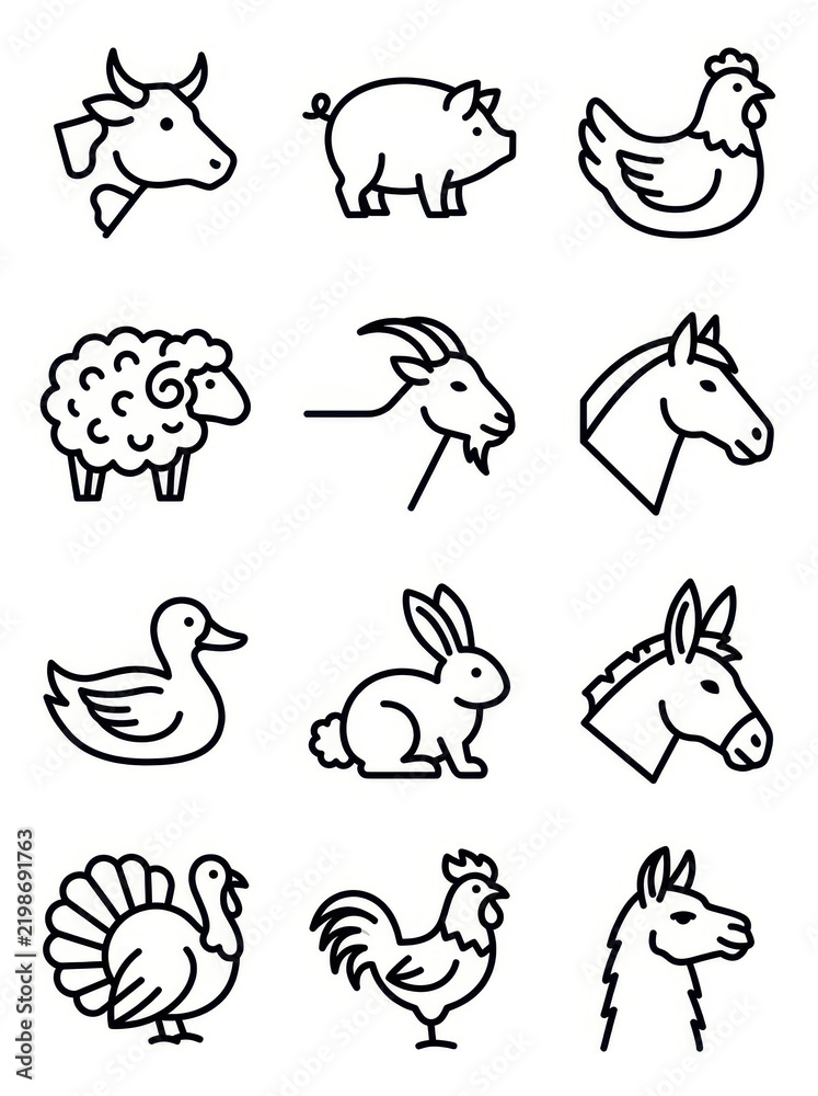 Fototapeta premium Set of Minimalist Farm Animal Line Icons Including Cow Pig Chicken Sheep Horse and More for Agriculture Design