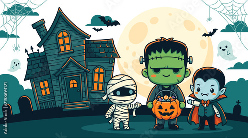 Cute Halloween Monster Kids Frankenstein Mummy Vampire Trick or Treating Near Haunted House Vector