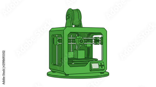 3D printer vector illustration. Green additive manufacturing machine with filament spool and cube