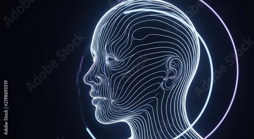 Futuristic Digital Human Head Profile with Glowing Lines and Dark Background.
