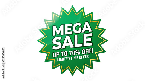Mega sale discount star badge. Green price tag with white text. Promotional sticker for retail