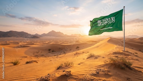 Saudi Arabia national flag waving on flagpole in desert sand dunes at sunset with mountains in background. 