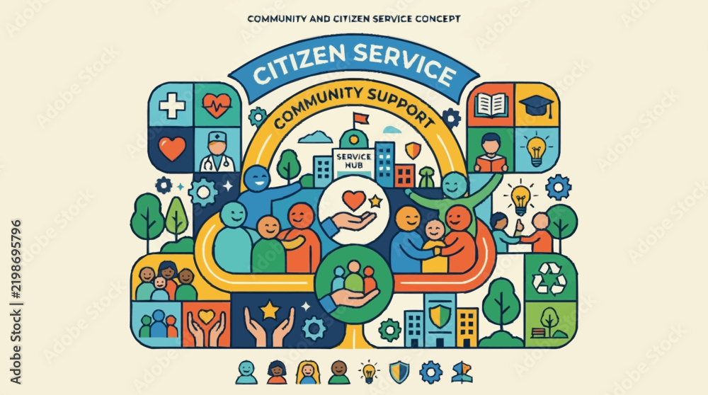 Fototapeta premium Colorful Citizen Service Community Support Concept Illustration.