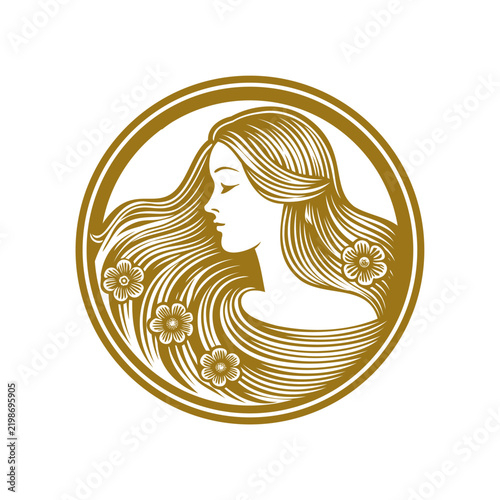 Elegant Woman with Flowing Hair and Flowers in a Golden Circle.