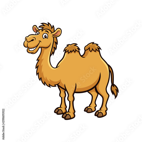 Happy cartoon camel with two humps standing and smiling.