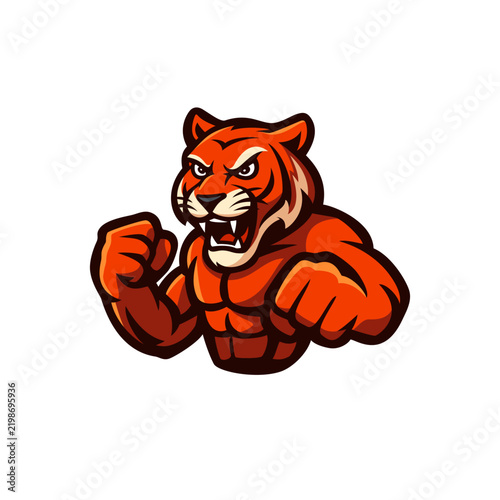 Powerful muscular tiger mascot with an aggressive expression.