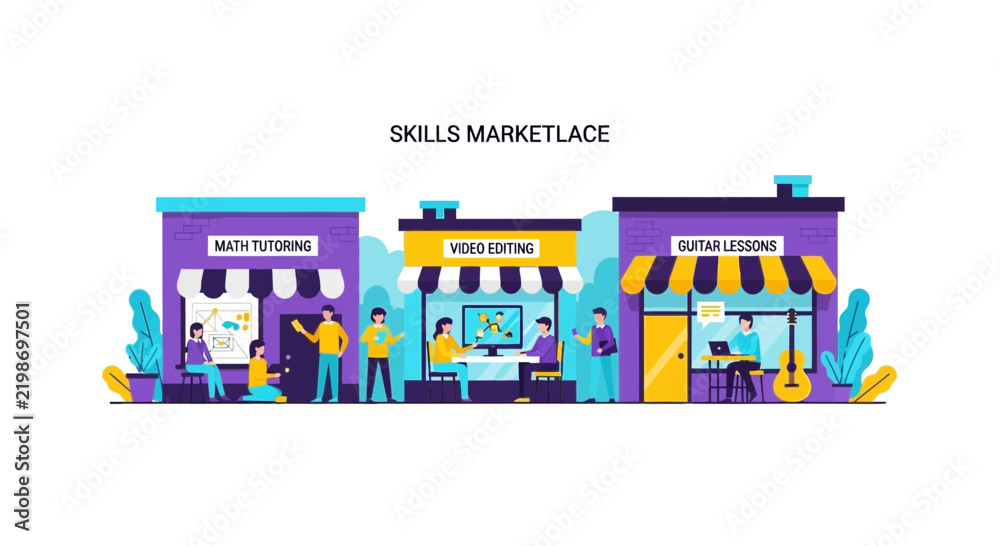 Fototapeta premium Online Skills Marketplace Vector Illustration for Education and Freelance Services