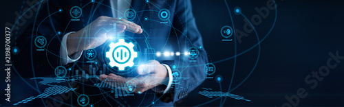 Картината върху платно AI developer hands hold a device tracking smart Natural Language Processing models