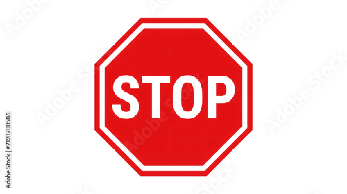 Stop sign road symbol. Red octagonal traffic sign with white text. Regulatory street sign graphic