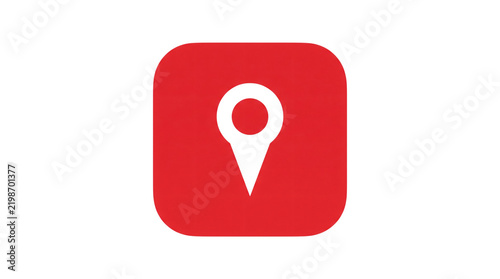 Location pin icon on red square. Map marker and navigation symbol for GPS applications