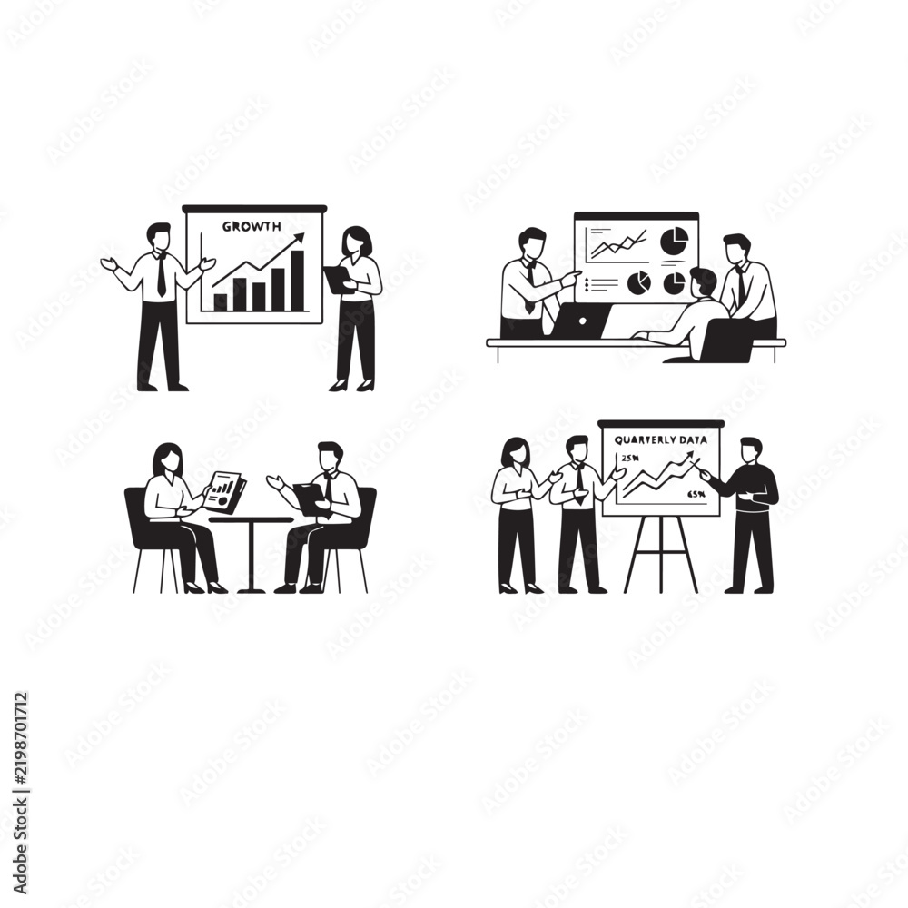 Fototapeta premium Colleagues Discussing Business Charts Vector Team Analyzing Charts Illustration Business Team Data Discussion Silhouette