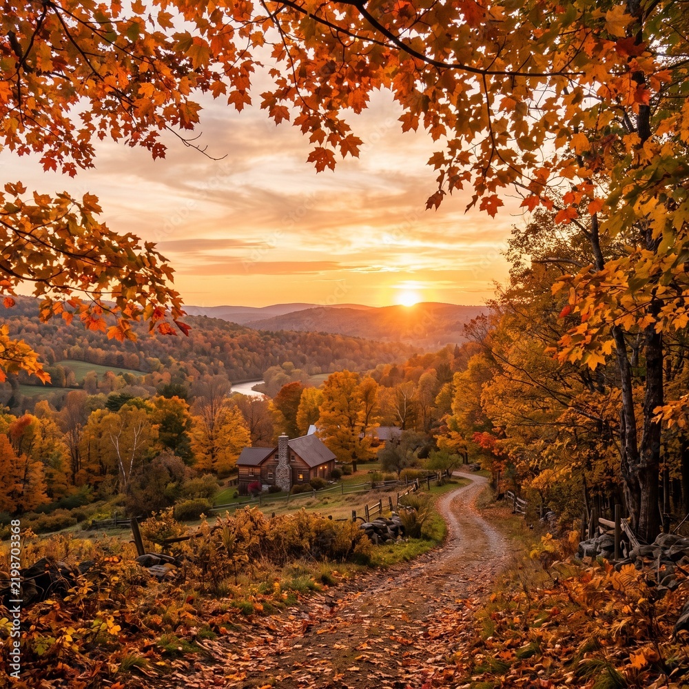 Fototapeta premium Scenic autumn landscape with a winding dirt road leading towards a cozy cabin nestled among vibrant foliage during sunset
