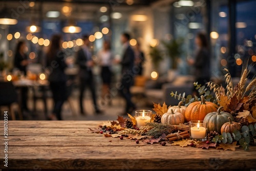 A rustic wooden table with pumpkins and autumn themed decorations, ready for a corporate Thanksgiving gathering